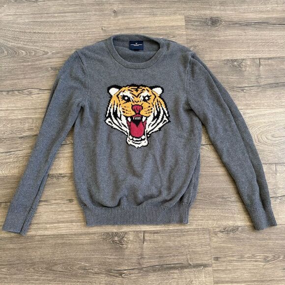 American Eagle Vintage Unisex Tiger‎ Graphic Sweater Gray Crew Neck Size S - Picture 1 of 4